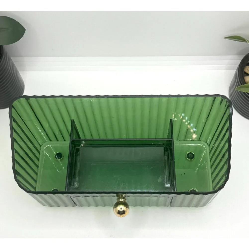 Green Ribbed Acrylic Organizer With Drawer & Gold Knob